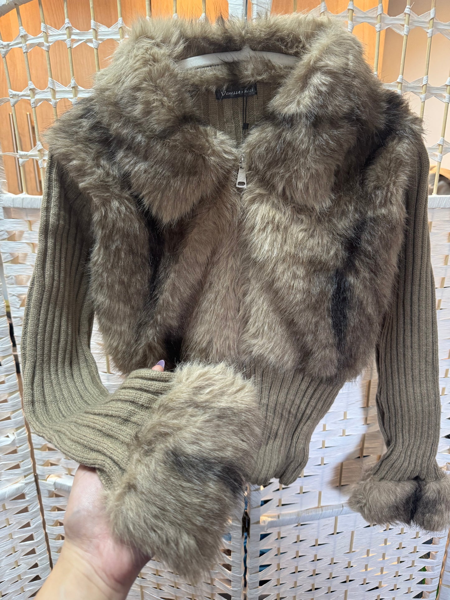 Lila Faux Fur Zip Up Knit Cardigan Taupe