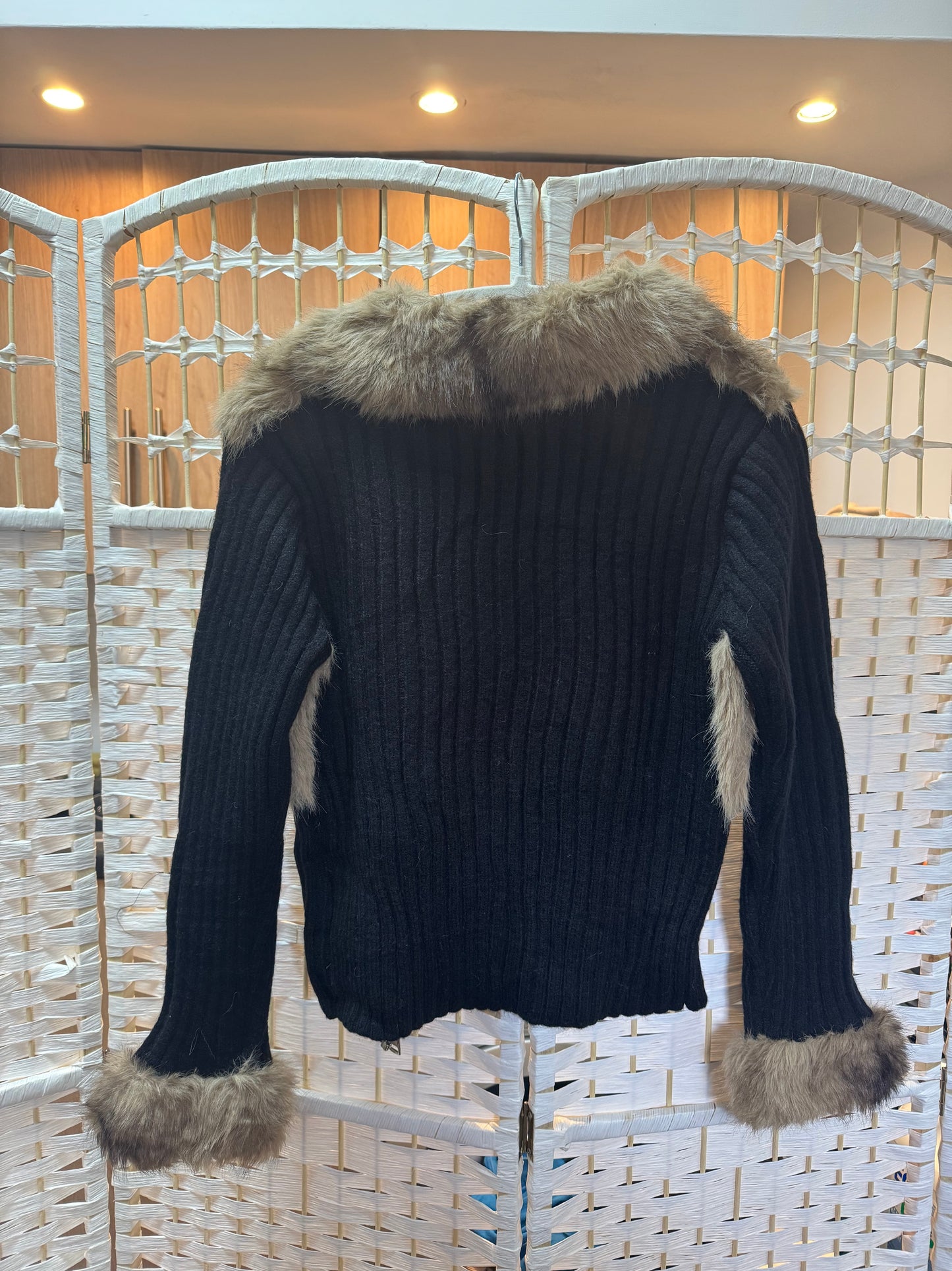 Lila Faux Fur Zip Up Knit Cardigan Black