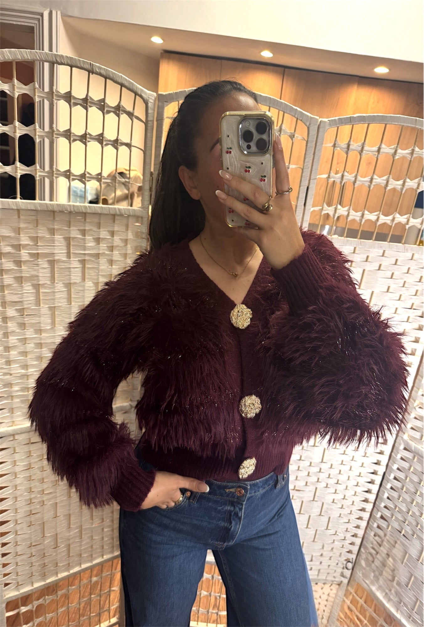 Carra Faux Fur Panel Cardigan Burgundy