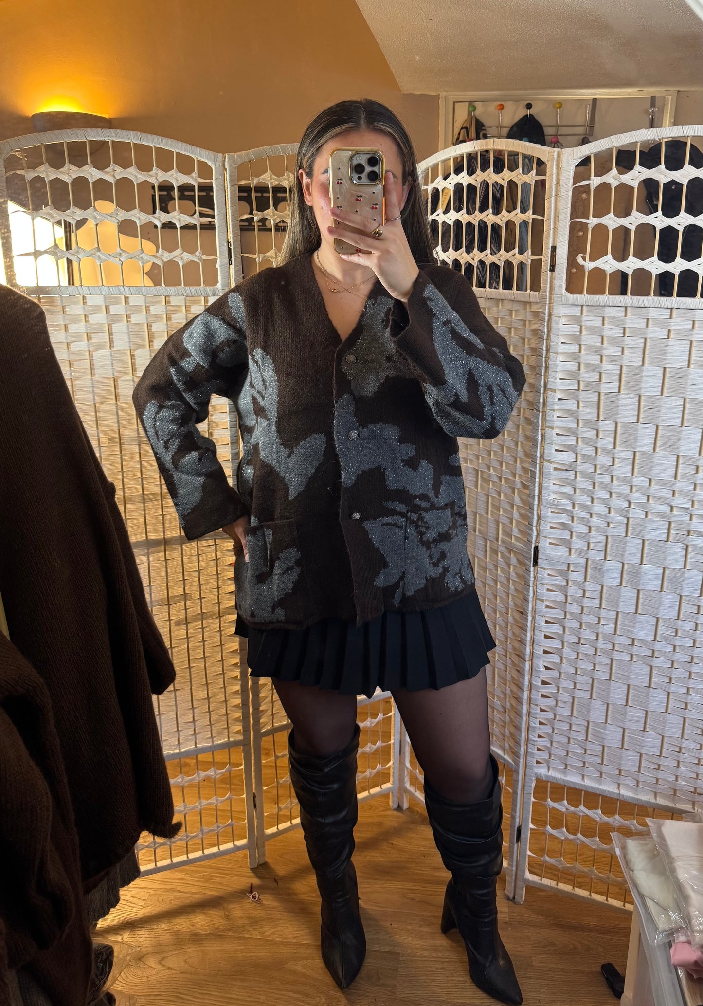 ELLIE Metallic Blue & Chocolate Oversized Cardigan