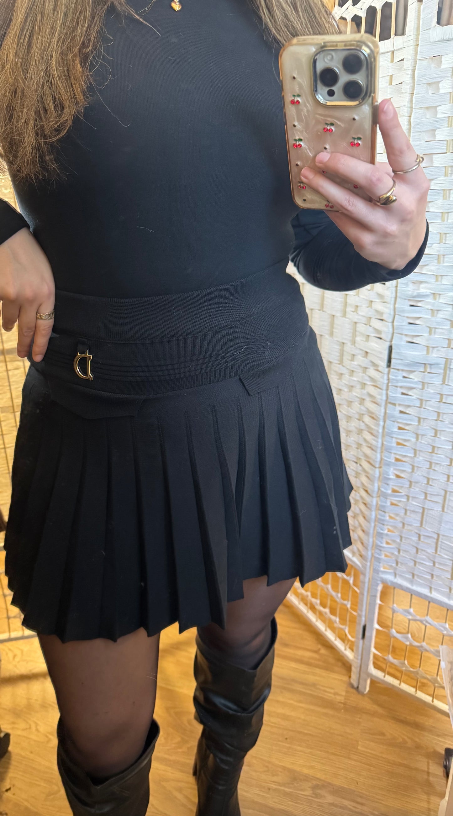 HARPER D Ring Black Pleated Knit High Waisted Mini Skirt