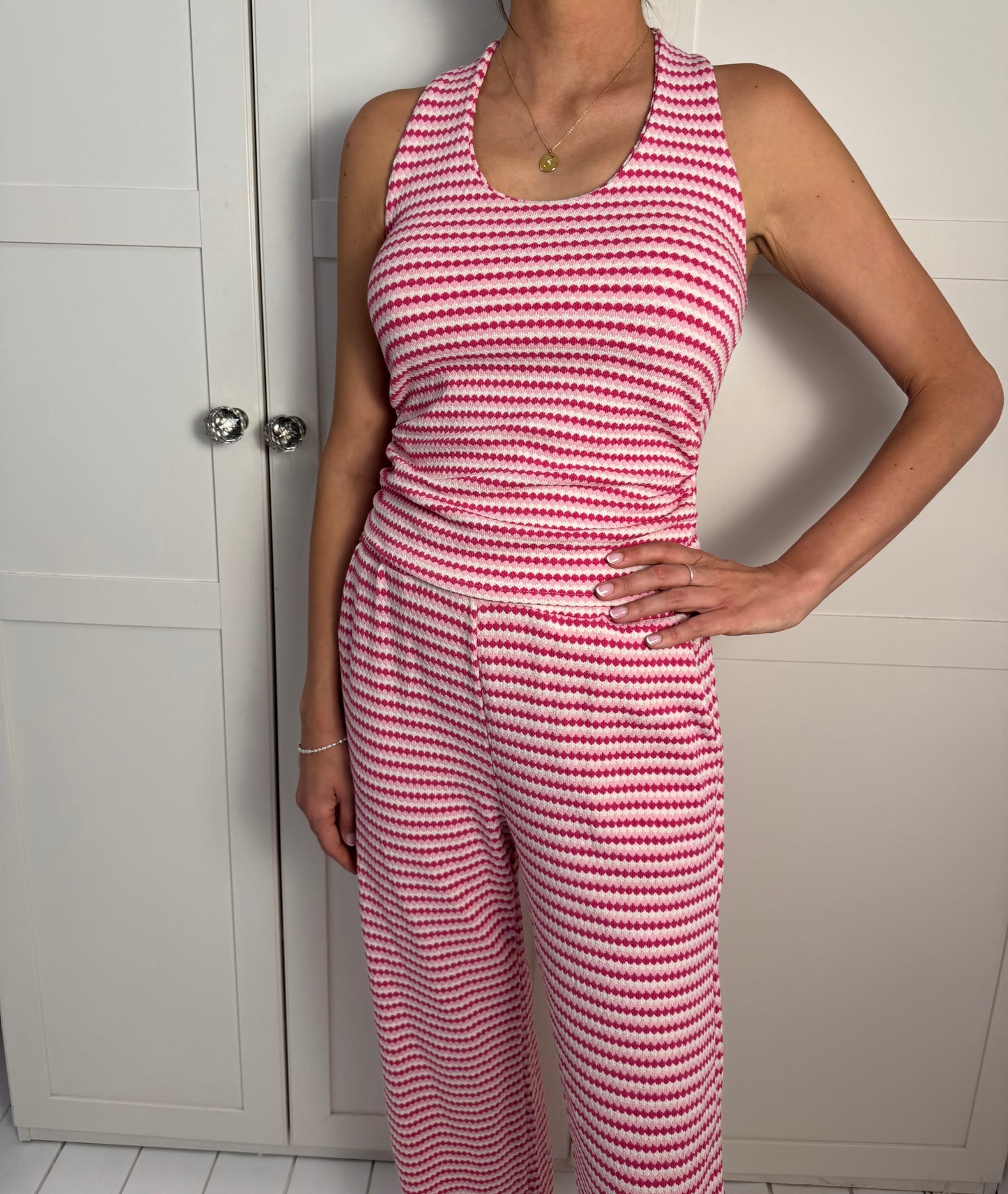 TINA Stripe Halterneck Top & Wide Leg Trouser Set Pink