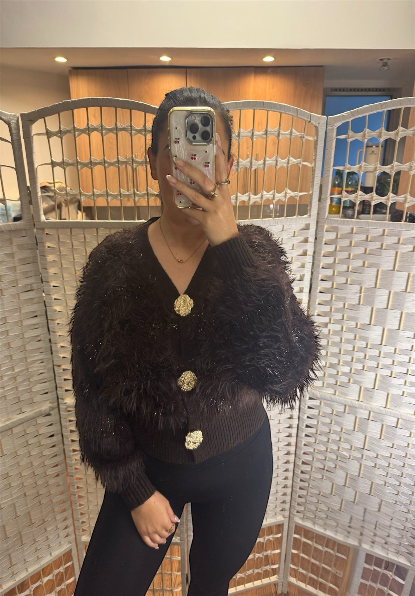 Carra Faux Fur Panel Cardigan Chocolate Brown