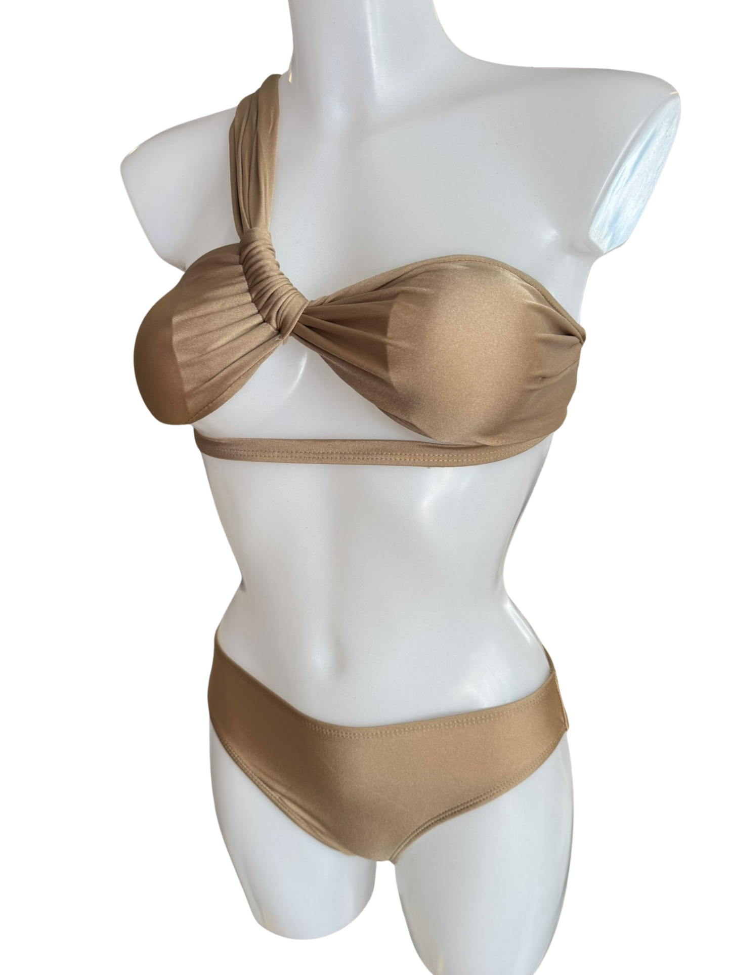 Beige Shiny One Shoulder 3 Piece Set