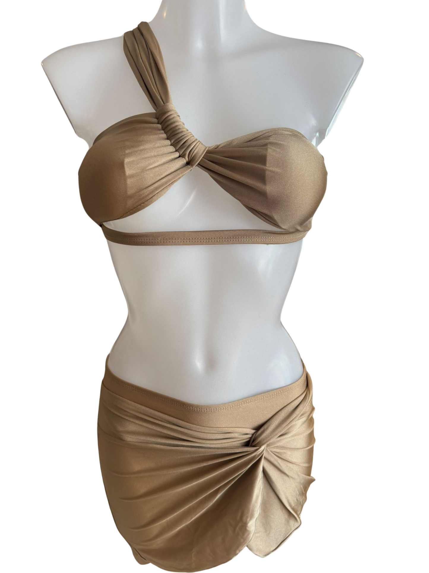 Beige Shiny One Shoulder 3 Piece Set