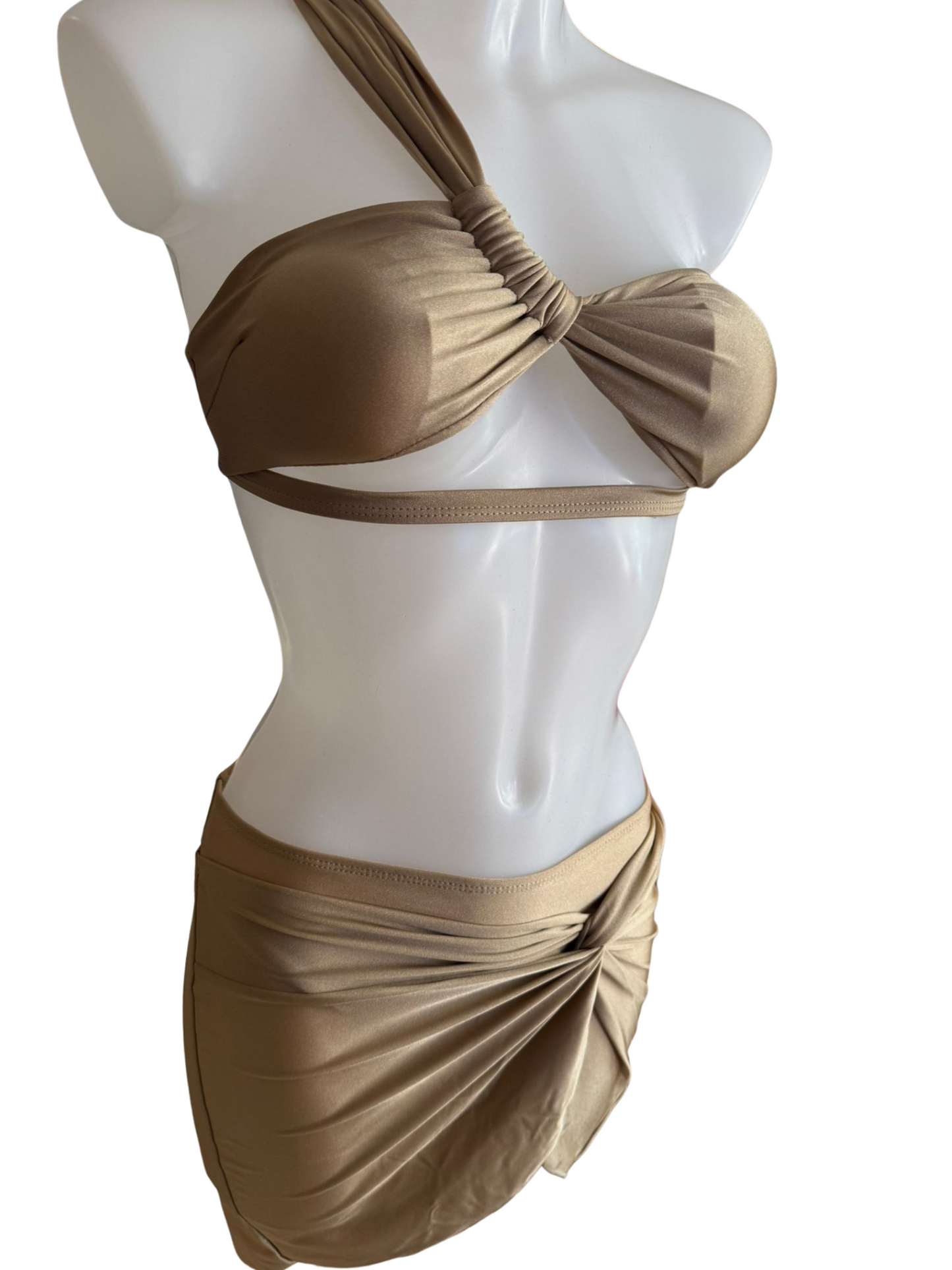 Beige Shiny One Shoulder 3 Piece Set