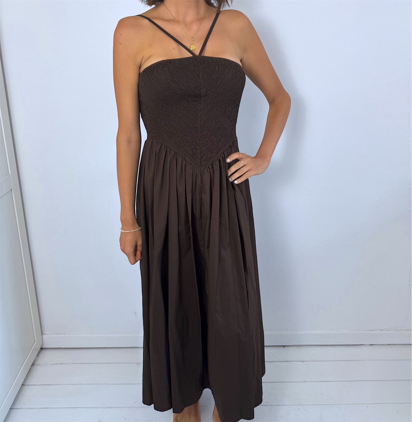 Celeste Brown Crinkle Bodice Halter Floaty Midi Dress