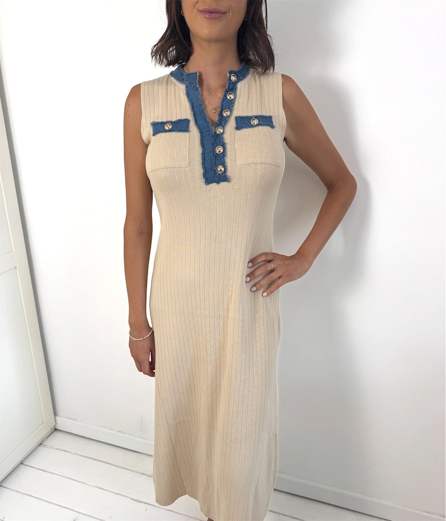 Sadie Cream Rib Midi Dress Soft Knit Blue Denim V Neck