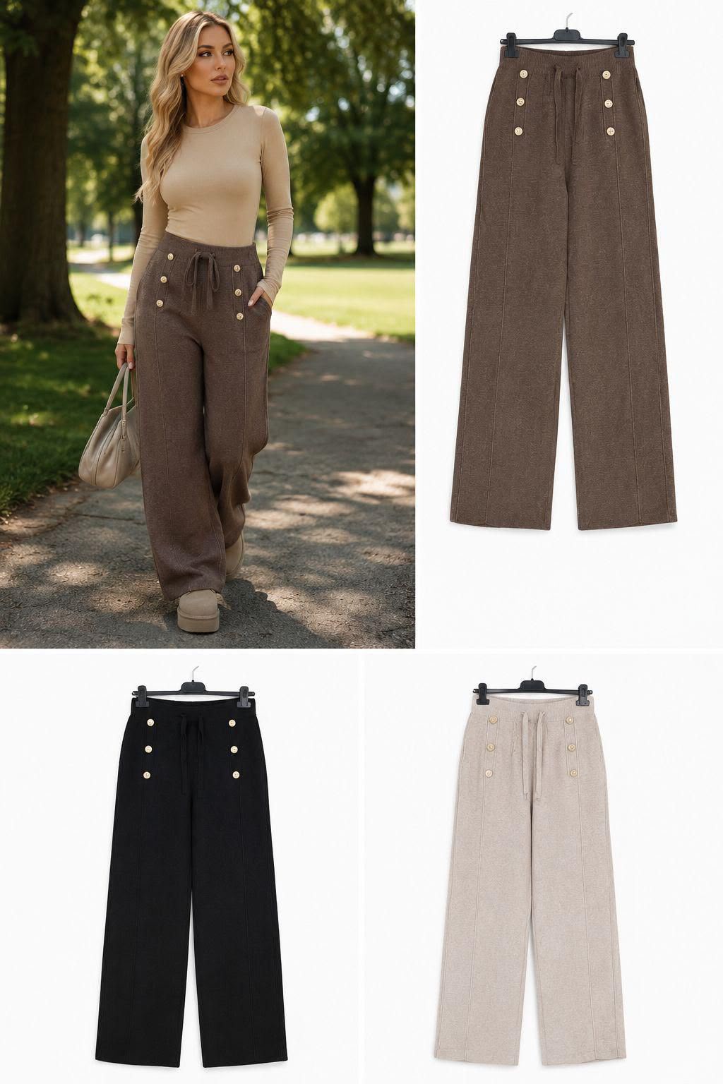MARTHA | High Waisted Drawstring Straight Leg Knitted Trouser with Gold Buttons