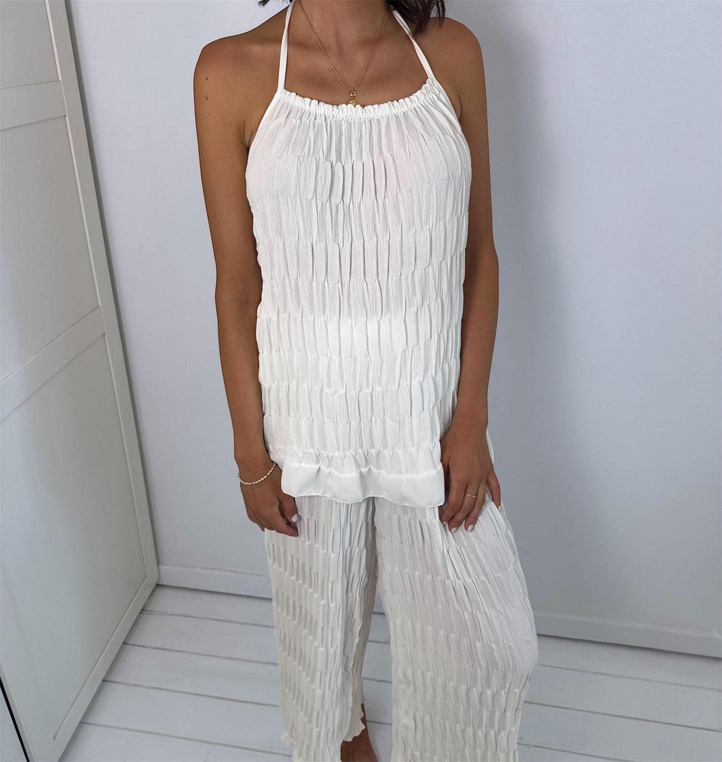 Nina White Ruffled Halter Tie Back Top & Wide Leg Trouser Co-Ord