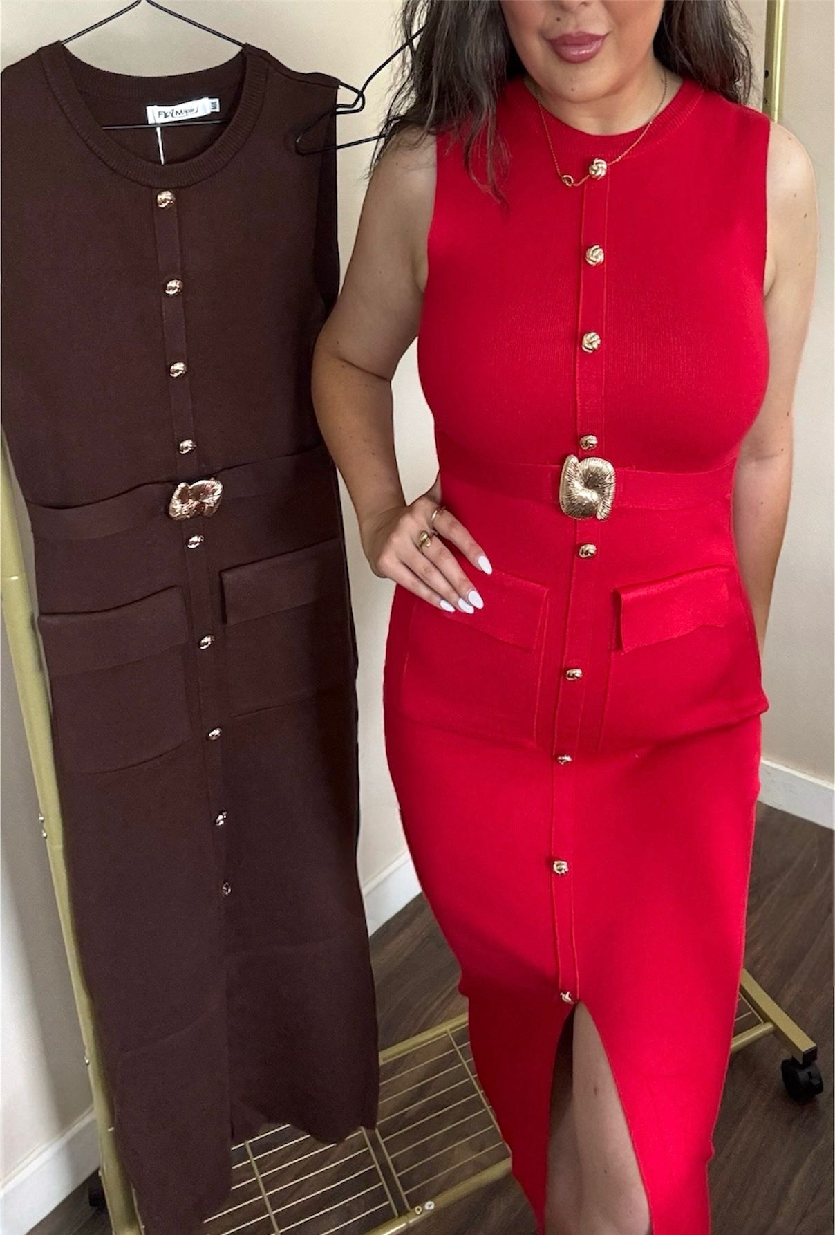 BELLA Rib Knit Gold Button Midi Dress with Belt Red