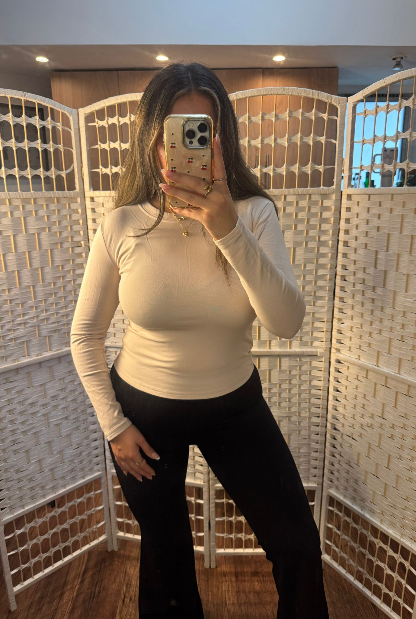 DAKOTA Fleece Lined Round Neck Stretch Long Sleeve Top Beige