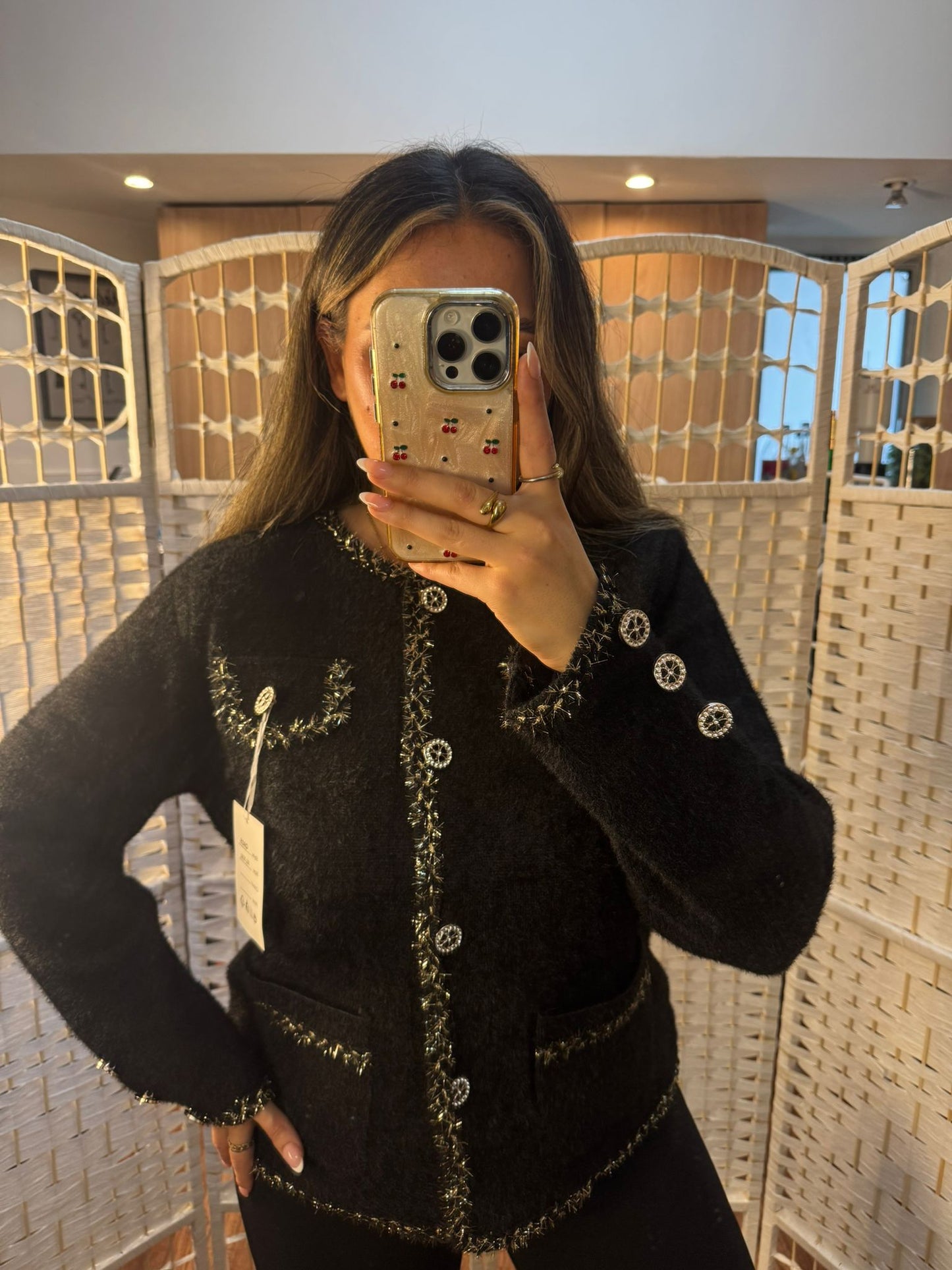 EMMA Inspired Tinsel Button Front Cardigan Black