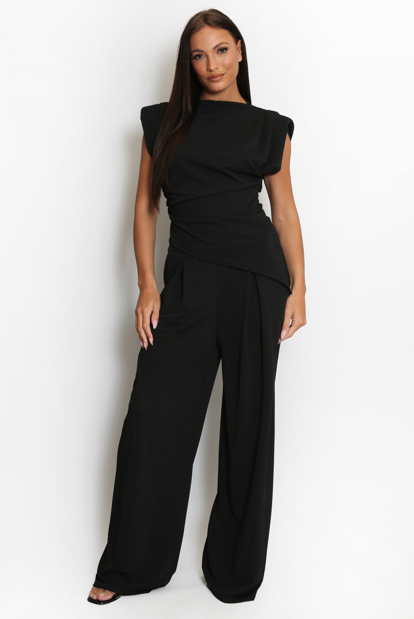 Lola Asymmetric Hem Top & Wide Leg Trouser Co-Ord Black