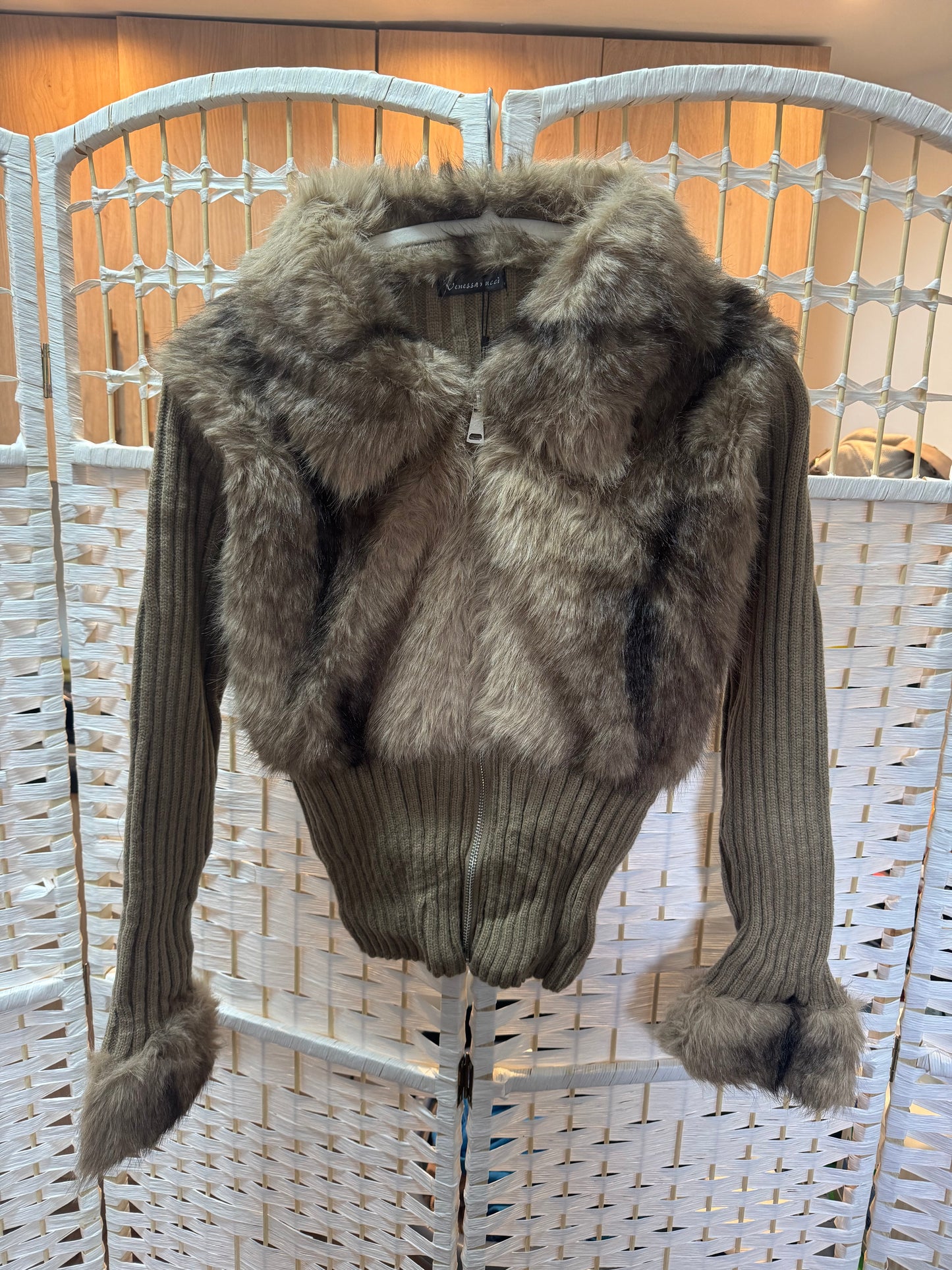 Lila Faux Fur Zip Up Knit Cardigan Taupe