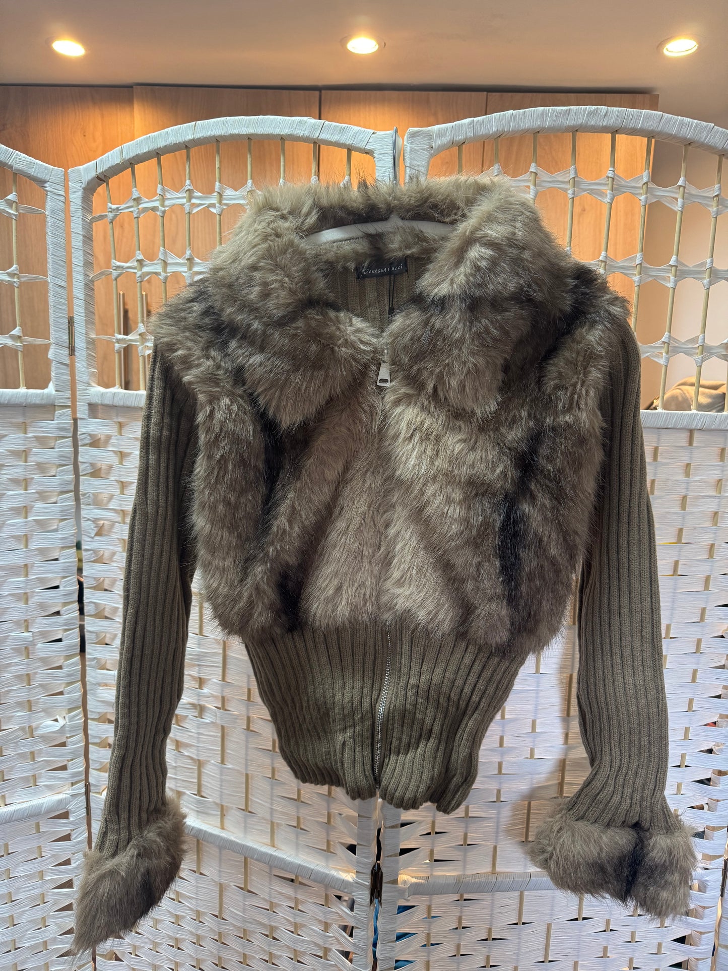 Lila Faux Fur Zip Up Knit Cardigan Taupe