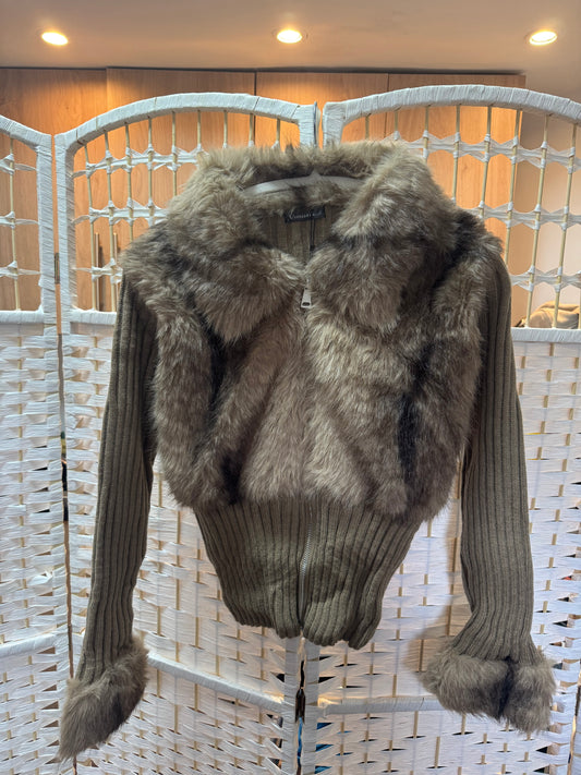 Lila Faux Fur Zip Up Knit Cardigan Taupe