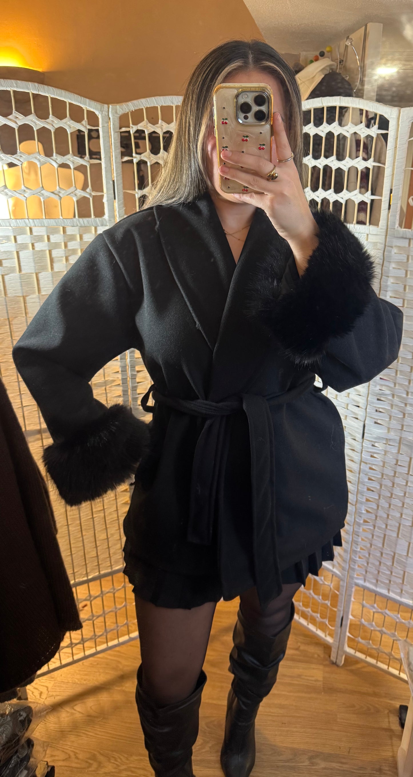 RUBY Faux Fur Cuff Belted Jacket Black