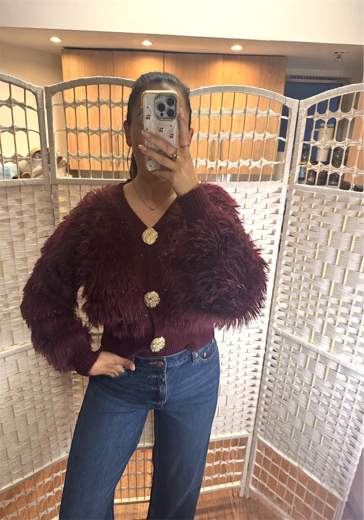 Carra Faux Fur Panel Cardigan Burgundy