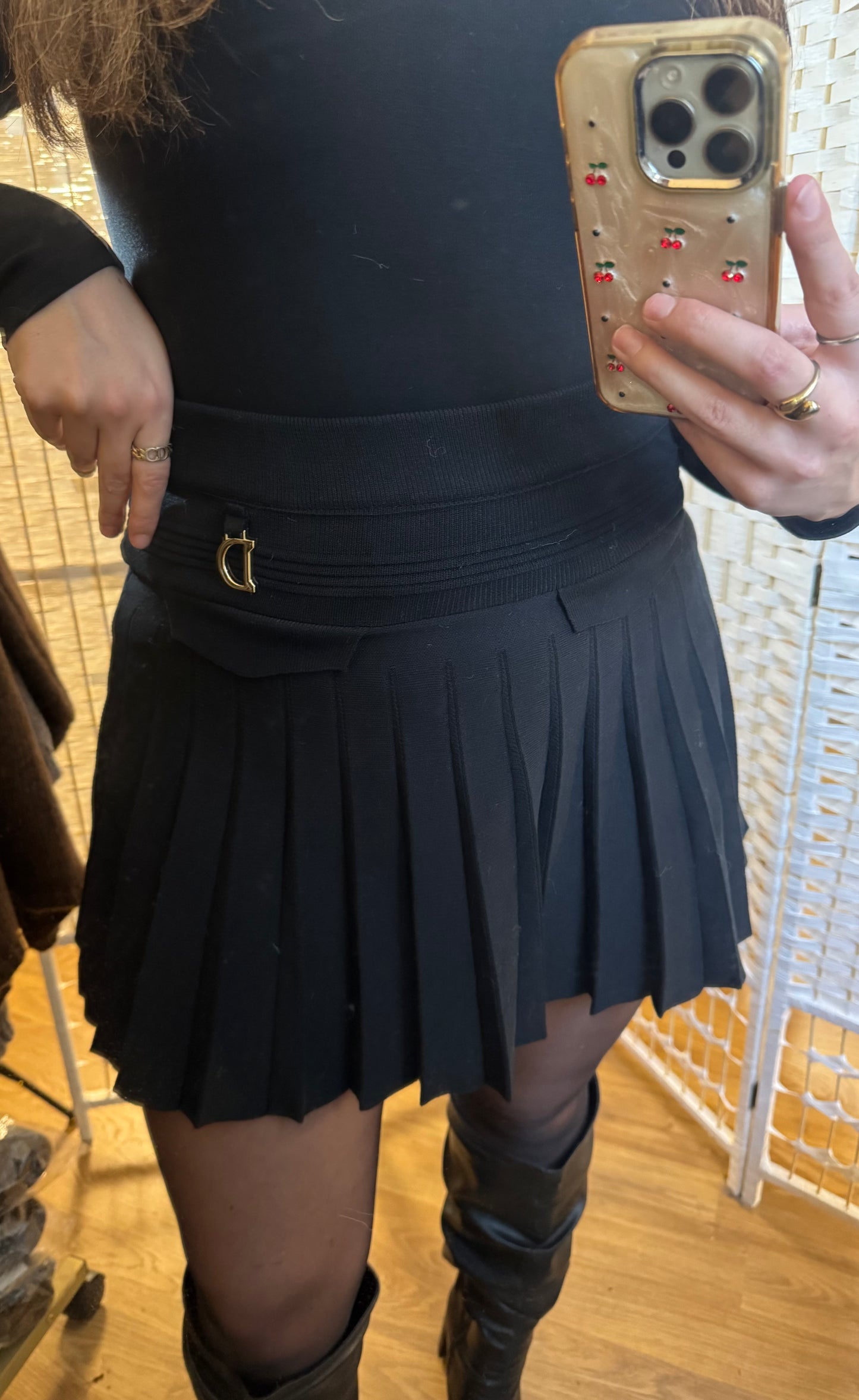 HARPER D Ring Black Pleated Knit High Waisted Mini Skirt