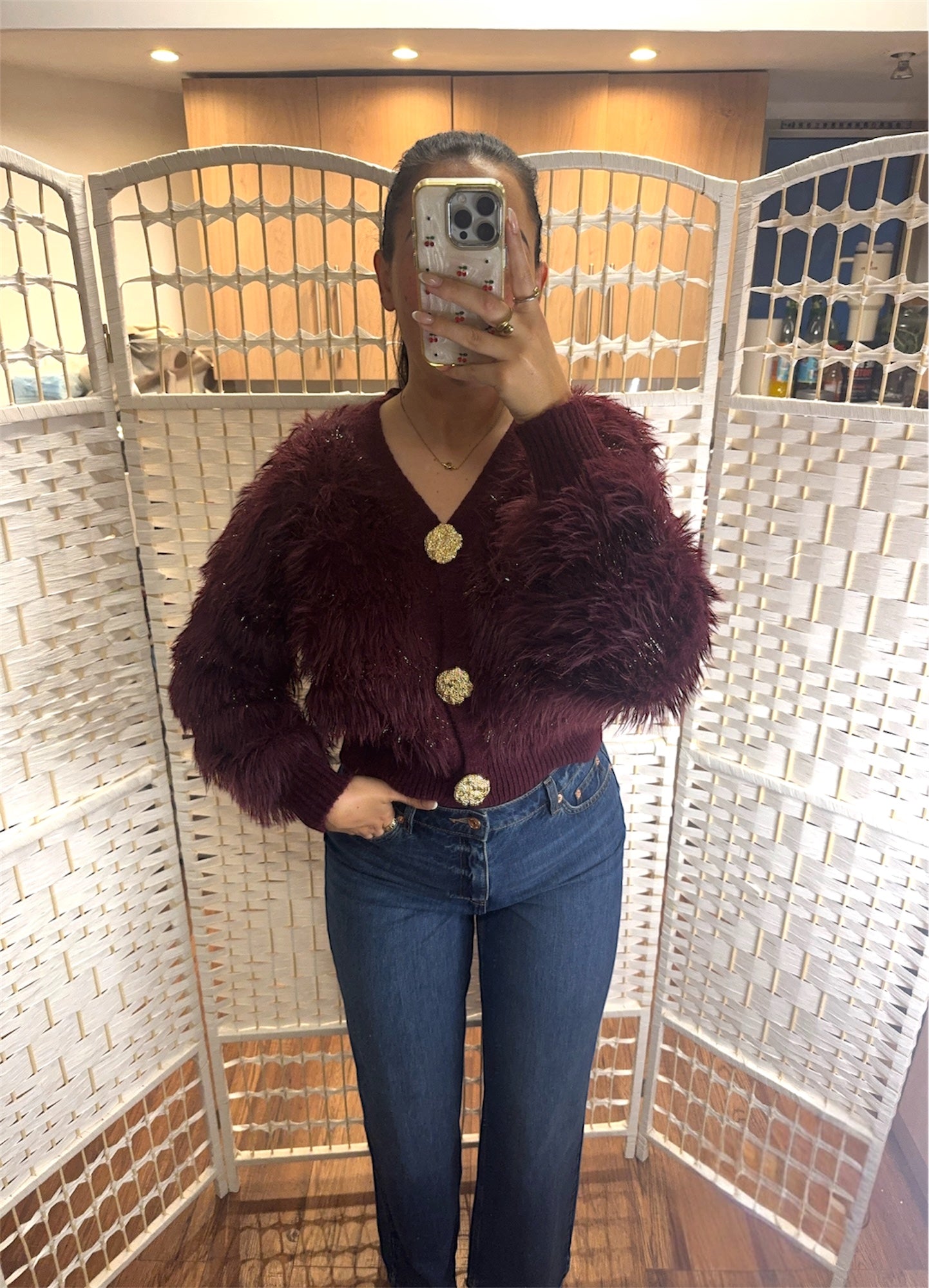 Carra Faux Fur Panel Cardigan Burgundy