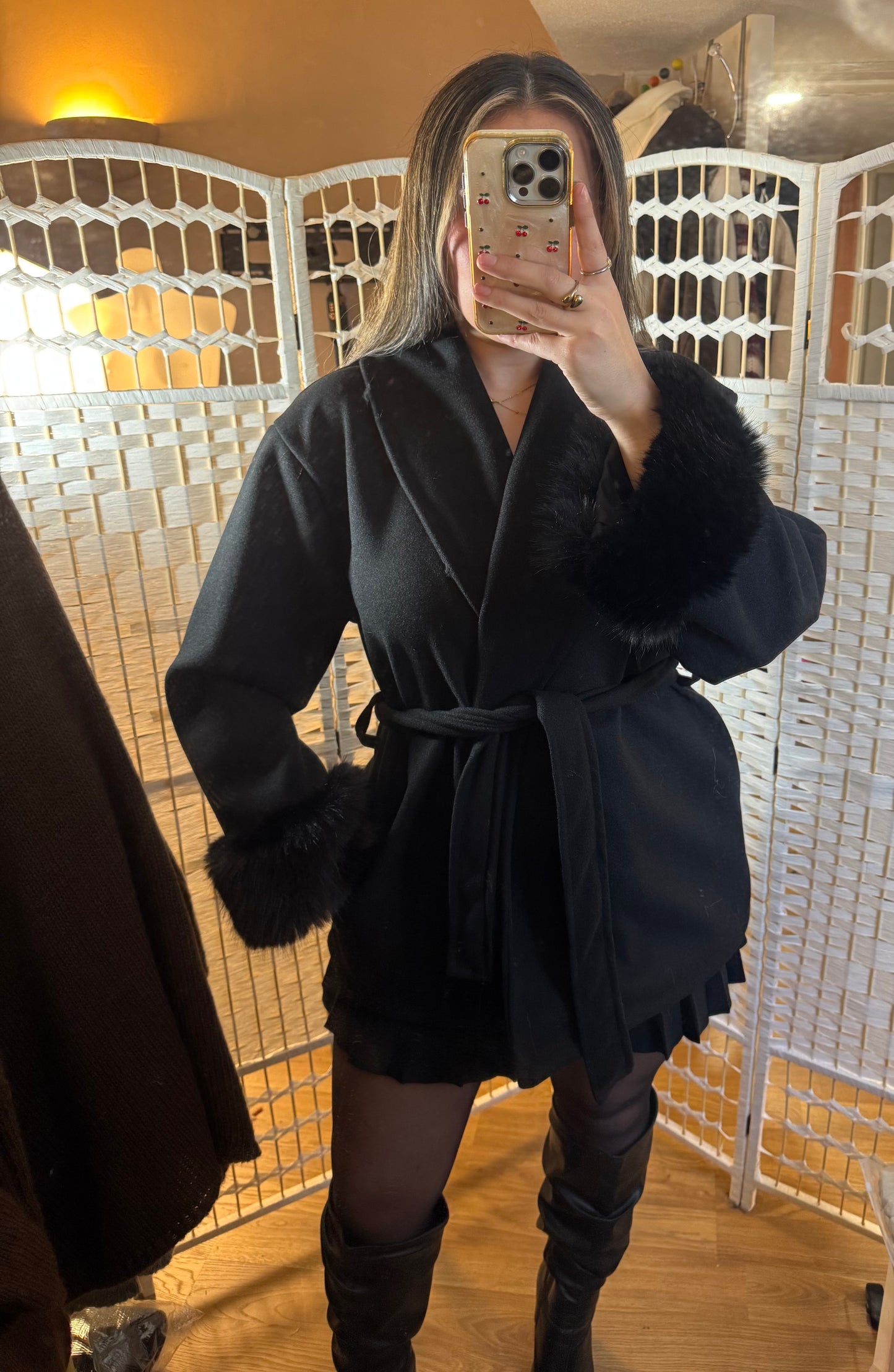 RUBY Faux Fur Cuff Belted Jacket Black