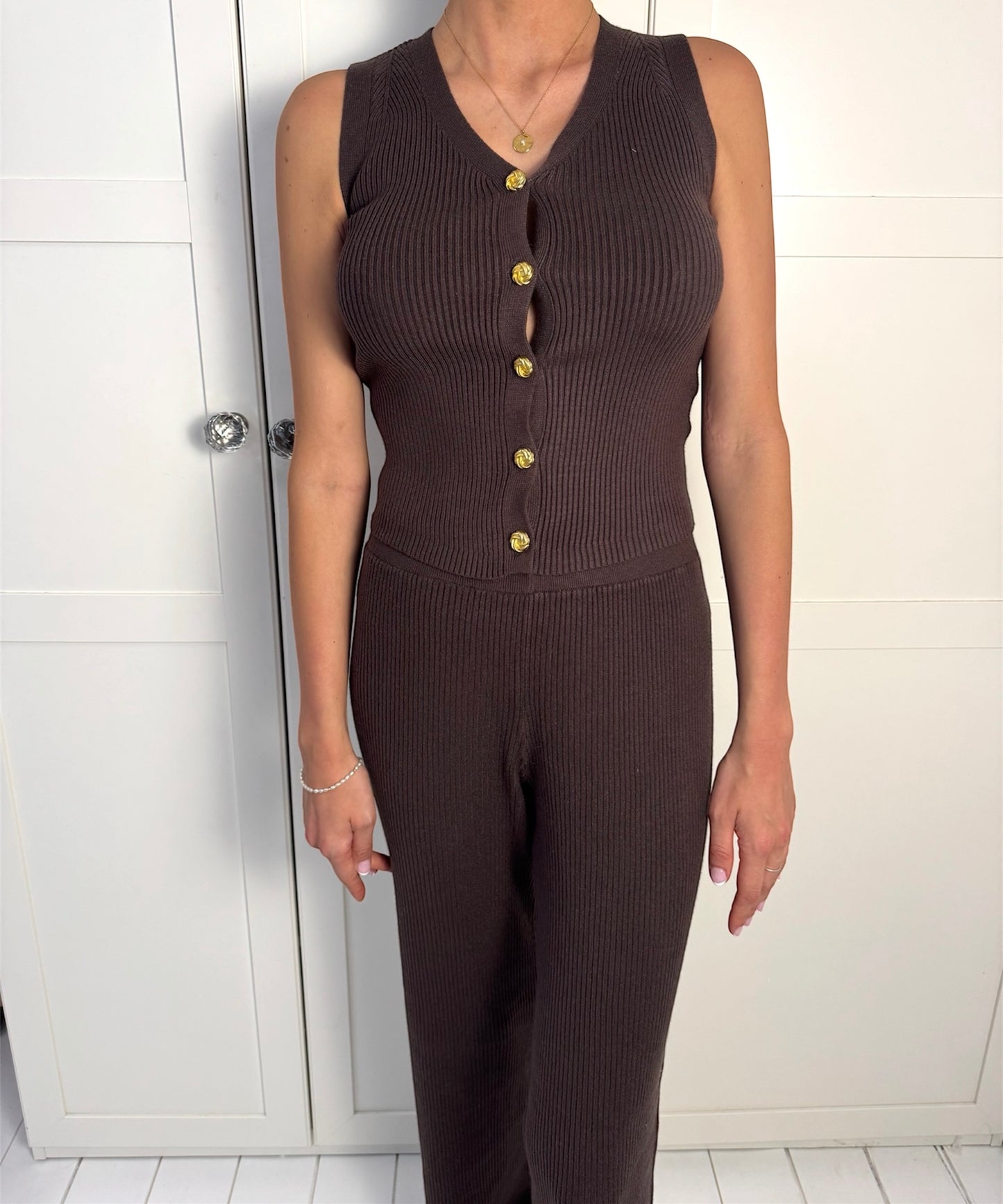 LORNA Rib Knit Waistcoat & Wide Leg Trouser Co-Ord Set Brown