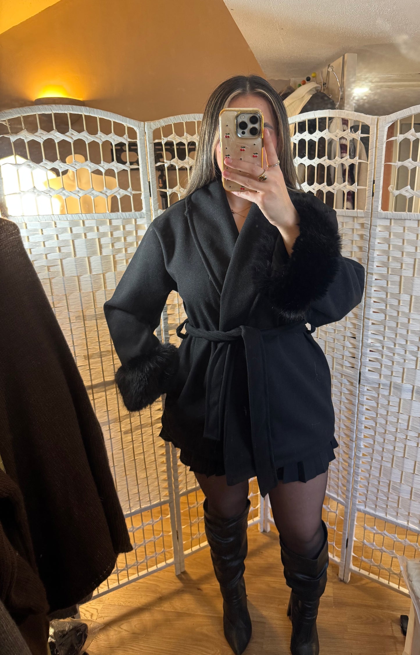 RUBY Faux Fur Cuff Belted Jacket Black