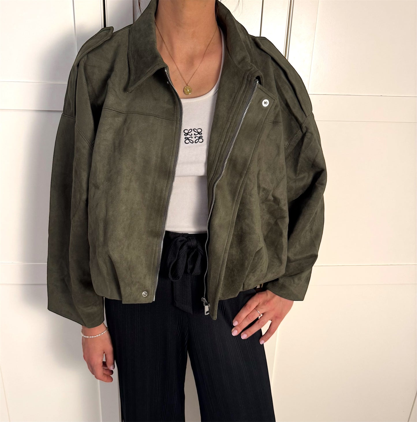 CiCi Khaki Faux Suede Boxy Crop Jacket