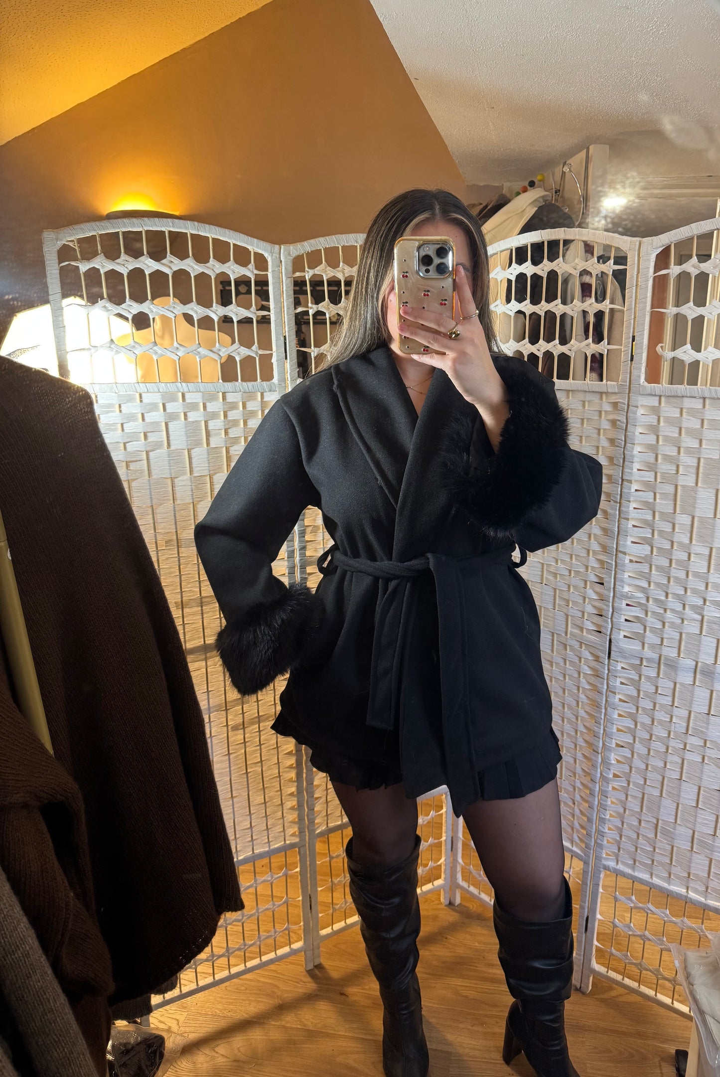 RUBY Faux Fur Cuff Belted Jacket Black