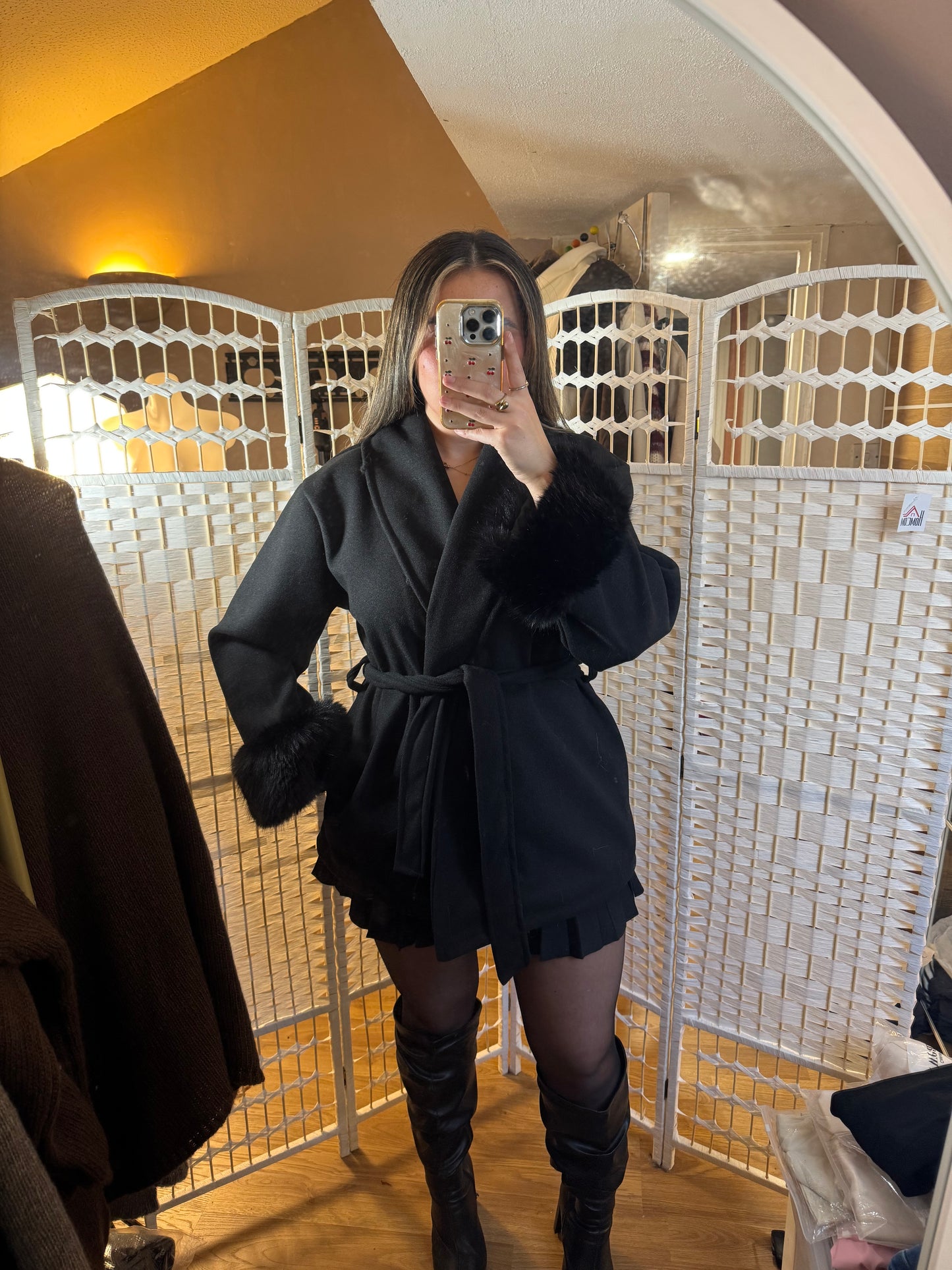 RUBY Faux Fur Cuff Belted Jacket Black