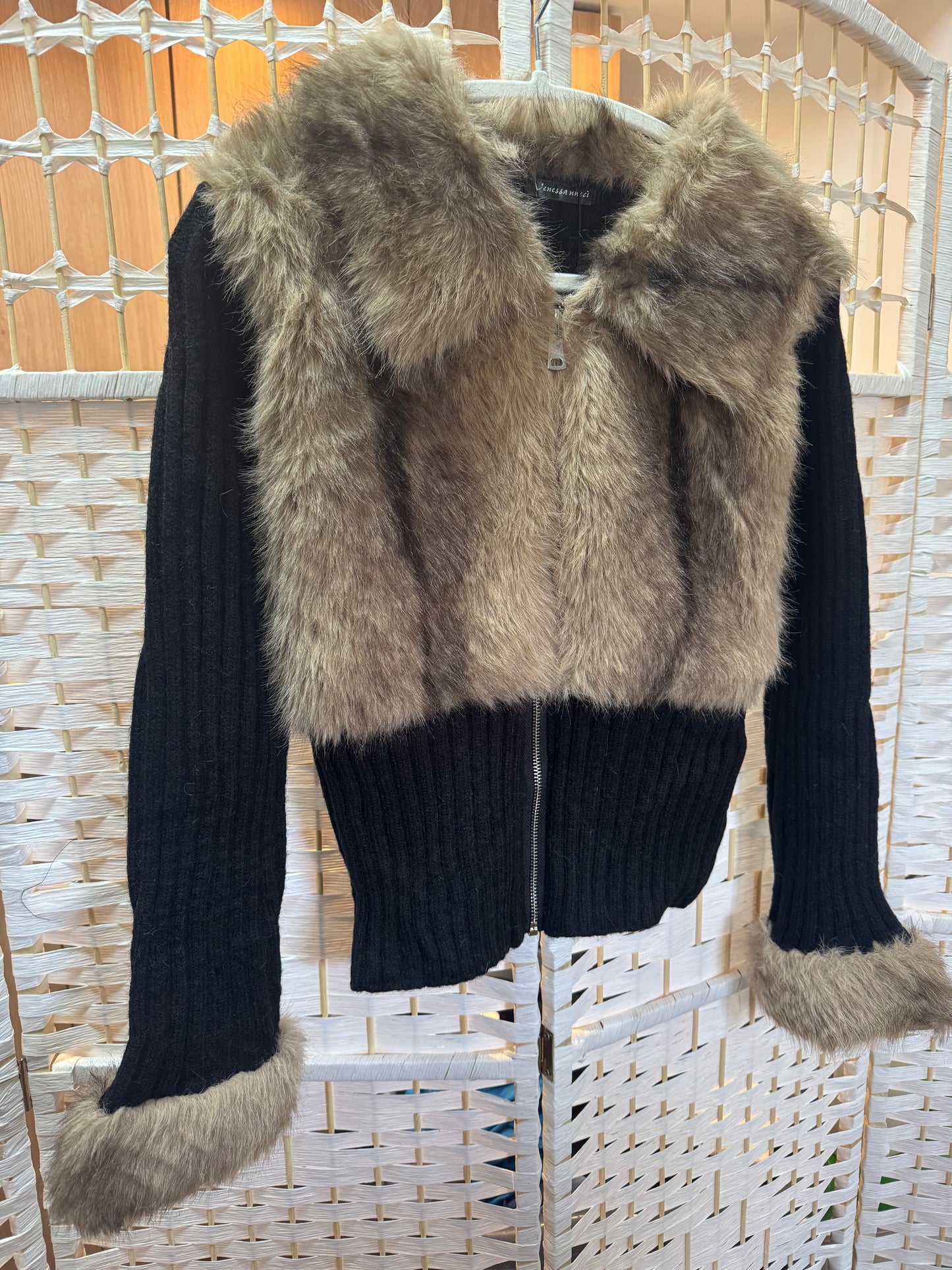 Lila Faux Fur Zip Up Knit Cardigan Black