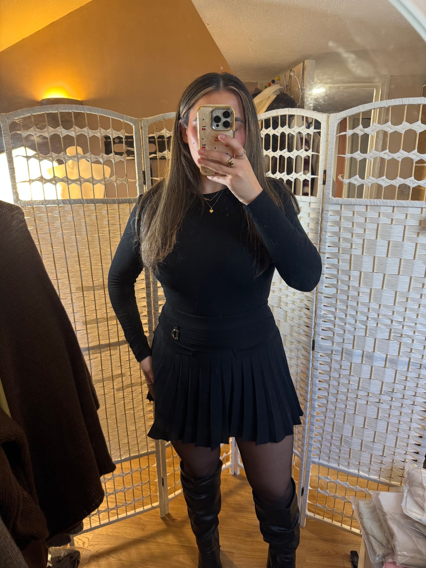 HARPER D Ring Black Pleated Knit High Waisted Mini Skirt