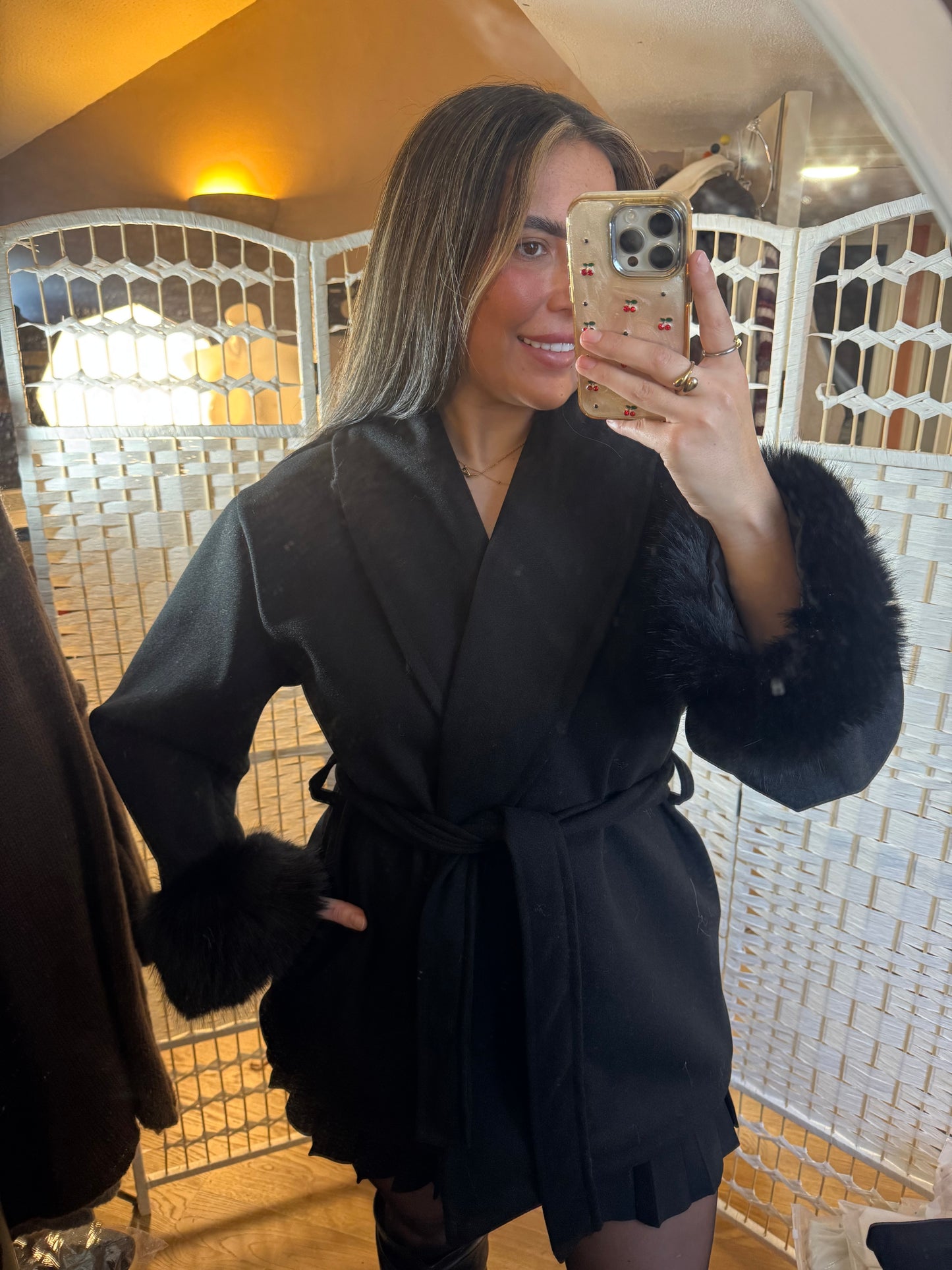 RUBY Faux Fur Cuff Belted Jacket Black