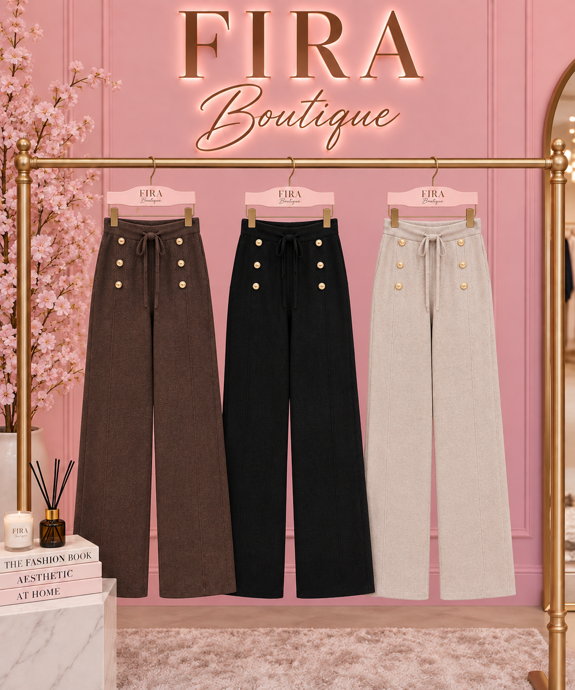 MARTHA | High Waisted Drawstring Straight Leg Knitted Trouser with Gold Buttons