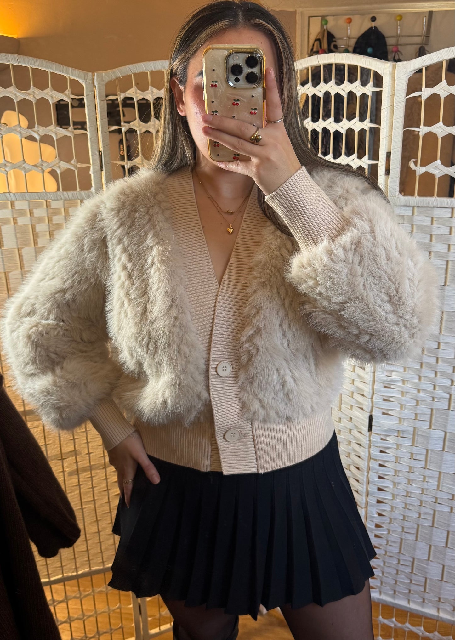 MIA Faux Fur Panelled Buttoned Cardigan Cream