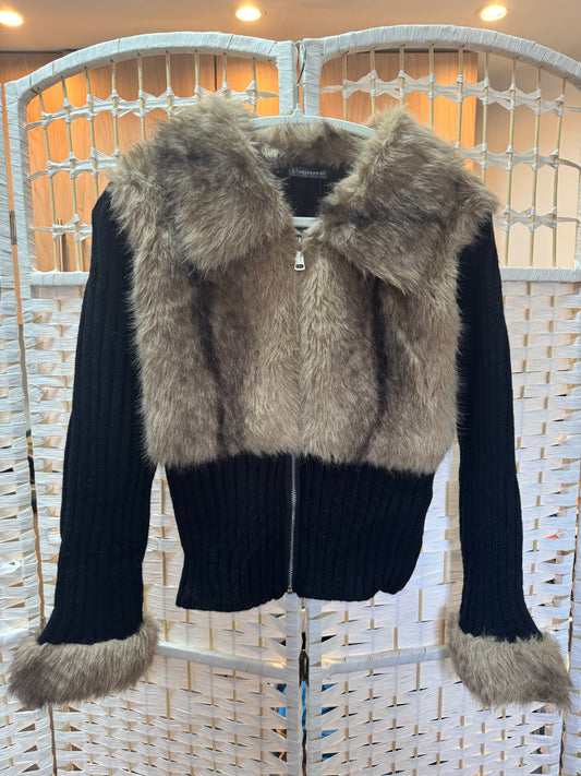 Lila Faux Fur Zip Up Knit Cardigan Black