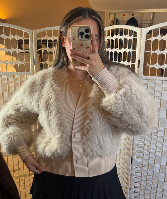MIA Faux Fur Panelled Buttoned Cardigan Cream