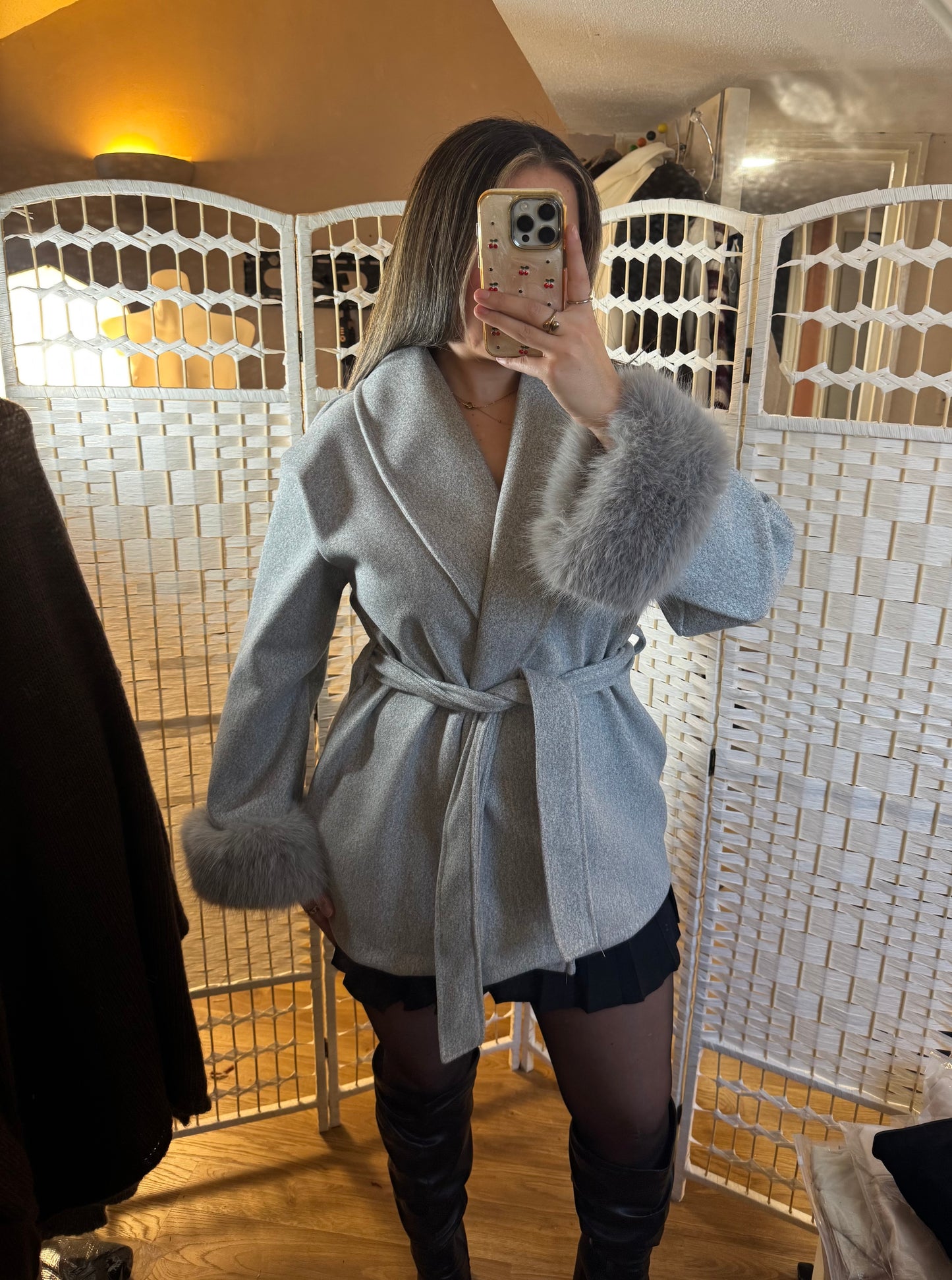 RUBY Faux Fur Cuff Belted Jacket Grey