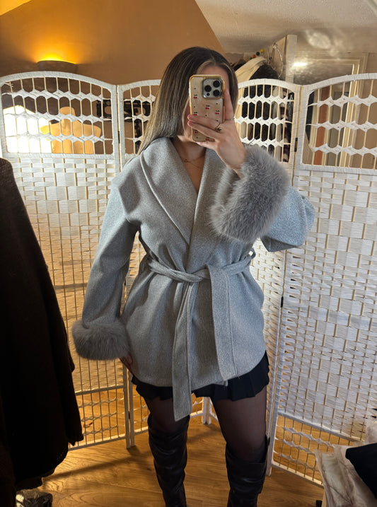RUBY Faux Fur Cuff Belted Jacket Grey