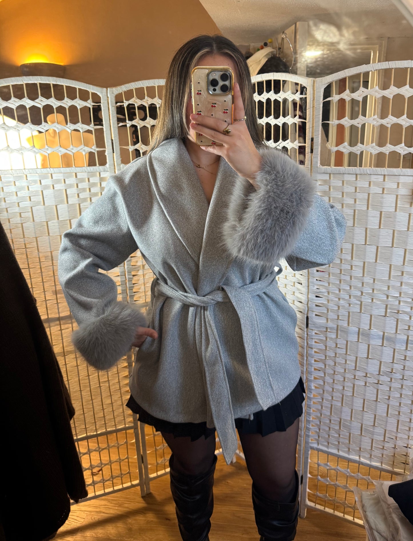 RUBY Faux Fur Cuff Belted Jacket Grey