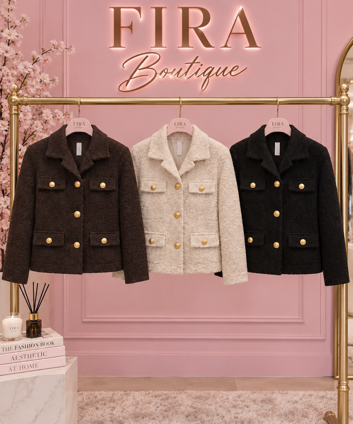 KELSIE | Boucle Full Length Tailored Jacket with Gold Button Detailing