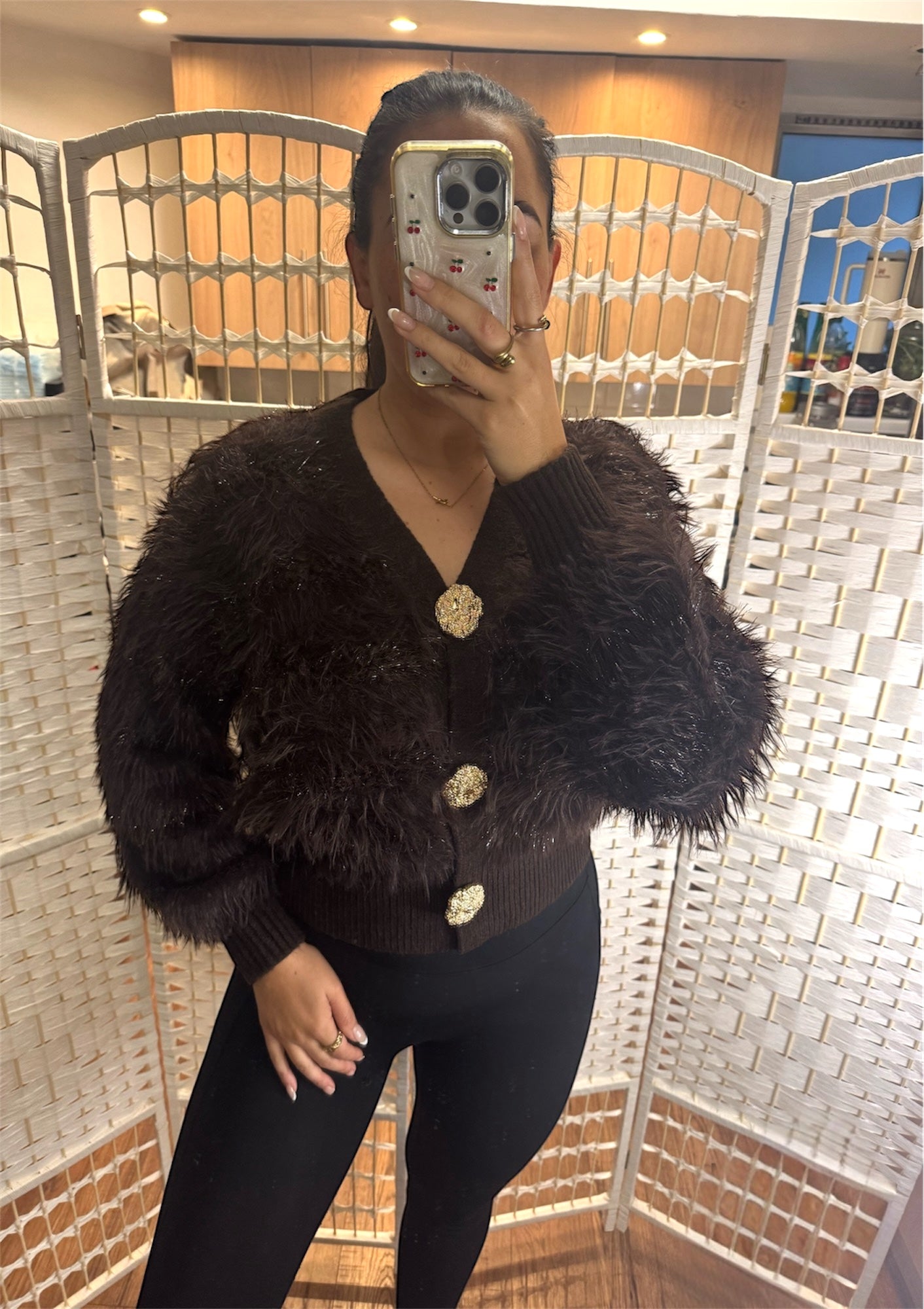 Carra Faux Fur Panel Cardigan Chocolate Brown