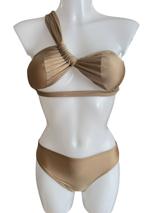 Beige Shiny One Shoulder 3 Piece Set