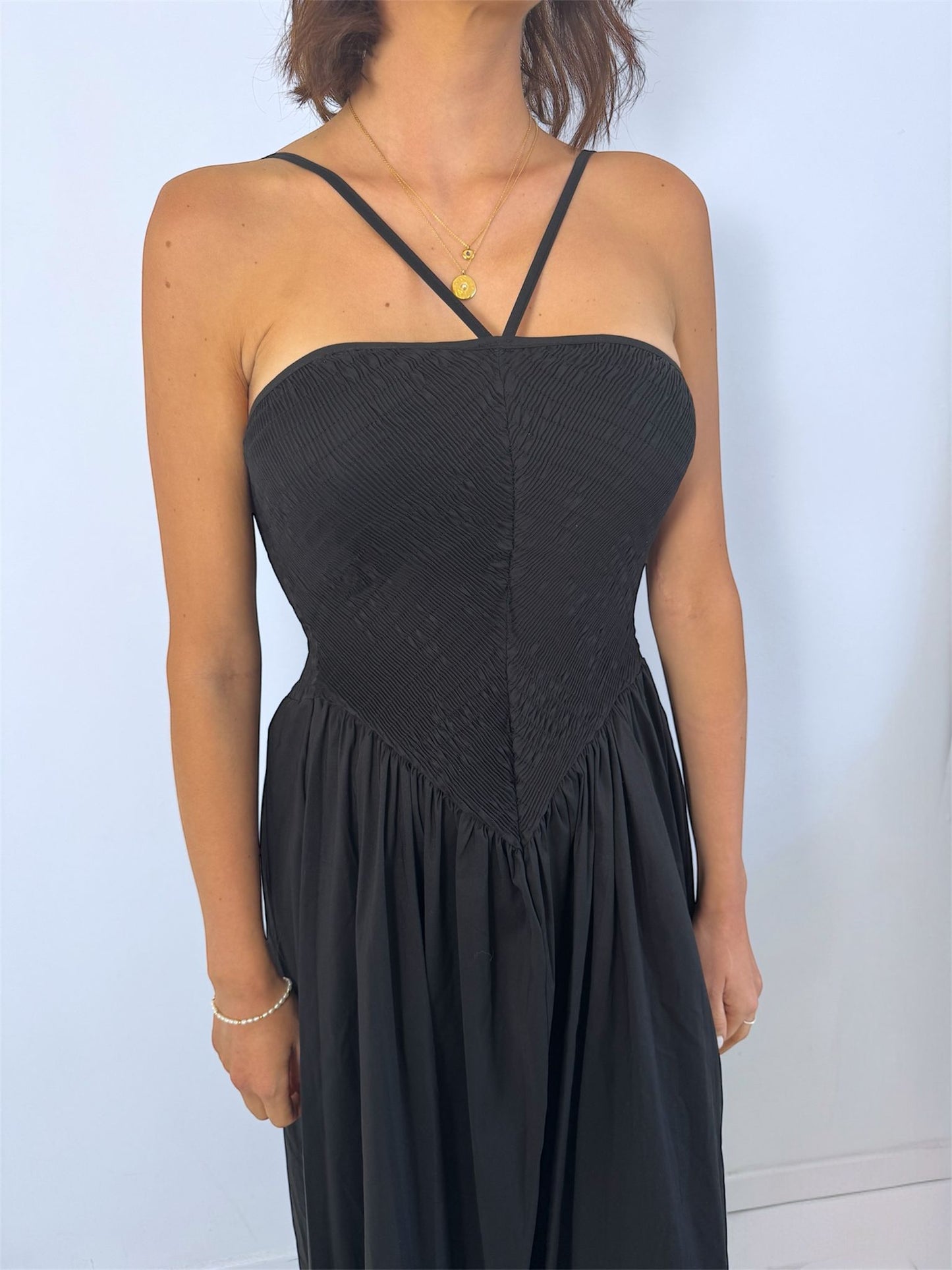Celeste Black Crinkle Bodice Halter Floaty Midi Dress