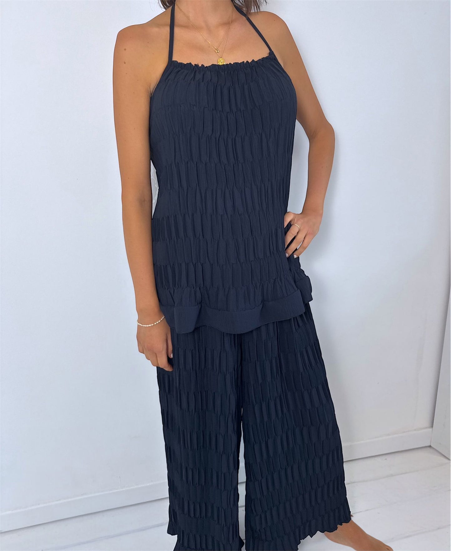 Nina Navy Ruffled Halter Tie Back Top & Wide Leg Trouser Co-Ord
