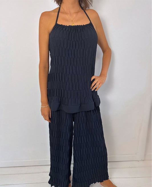 Nina Navy Ruffled Halter Tie Back Top & Wide Leg Trouser Co-Ord
