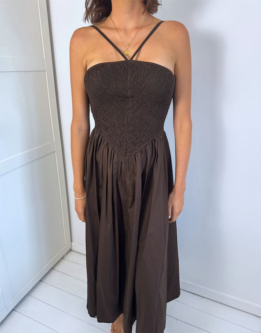 Celeste Brown Crinkle Bodice Halter Floaty Midi Dress