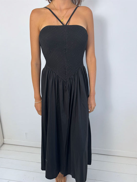 Celeste Black Crinkle Bodice Halter Floaty Midi Dress