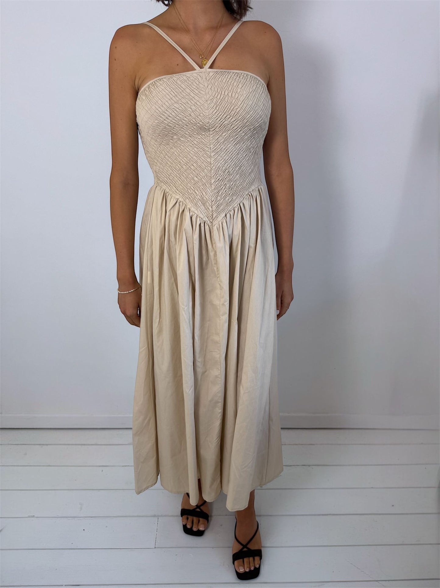 Celeste Cream Crinkle Bodice Halter Floaty Midi Dress